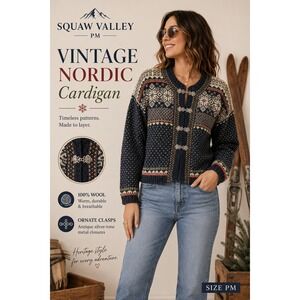 Vintage Squaw Valley Cardigan Sweater Women PM Navy Blue Nordic Wool Metal Clasp